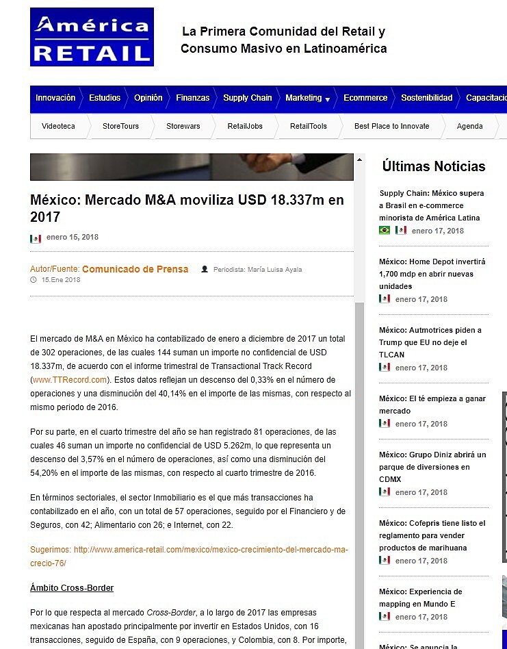 Mxico: Mercado M&A moviliza USD 18.337m en 2017